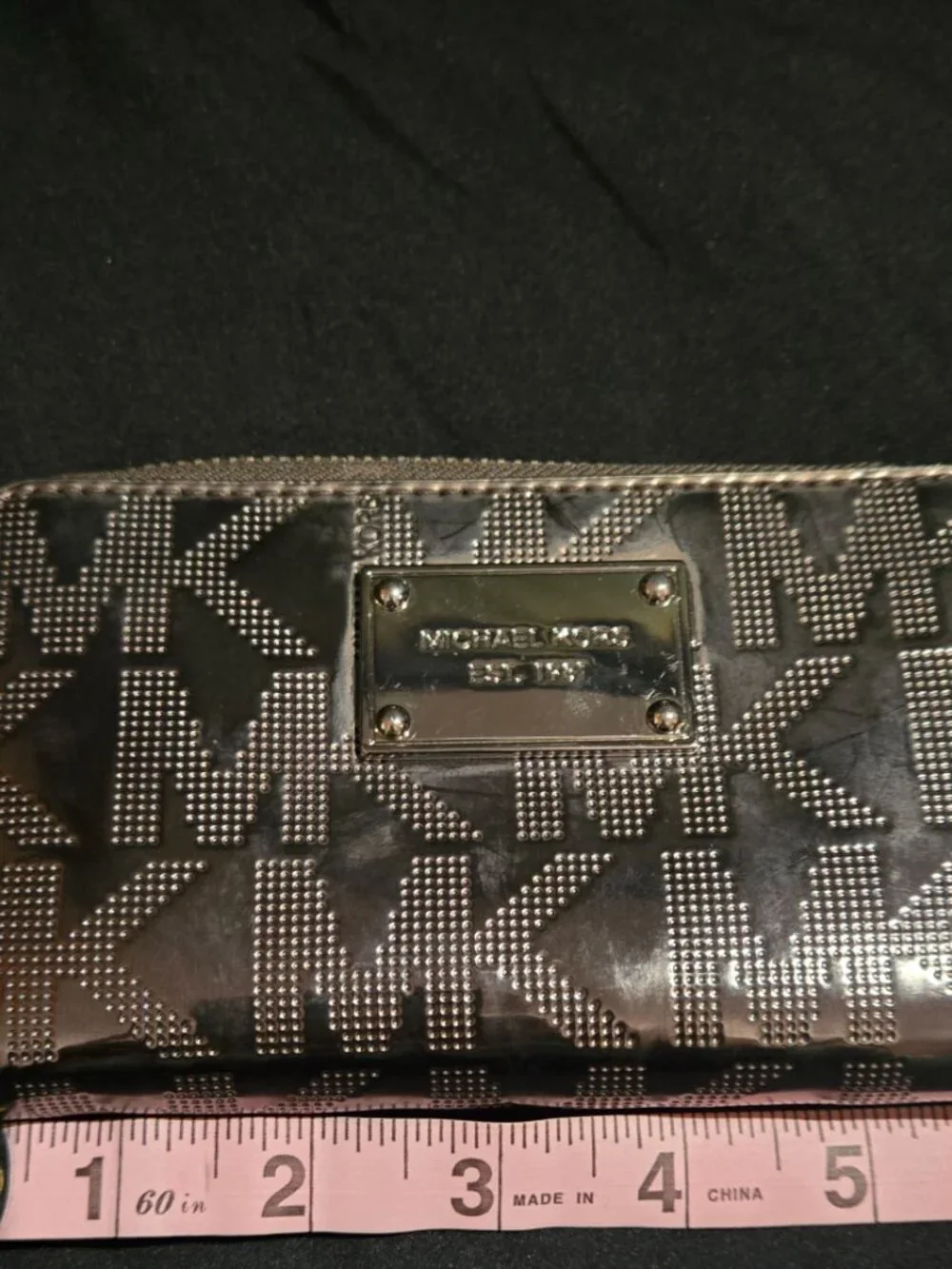 Michael Kors Metallic Gunmetal MK Logo Zip Around Wristlet Wallet